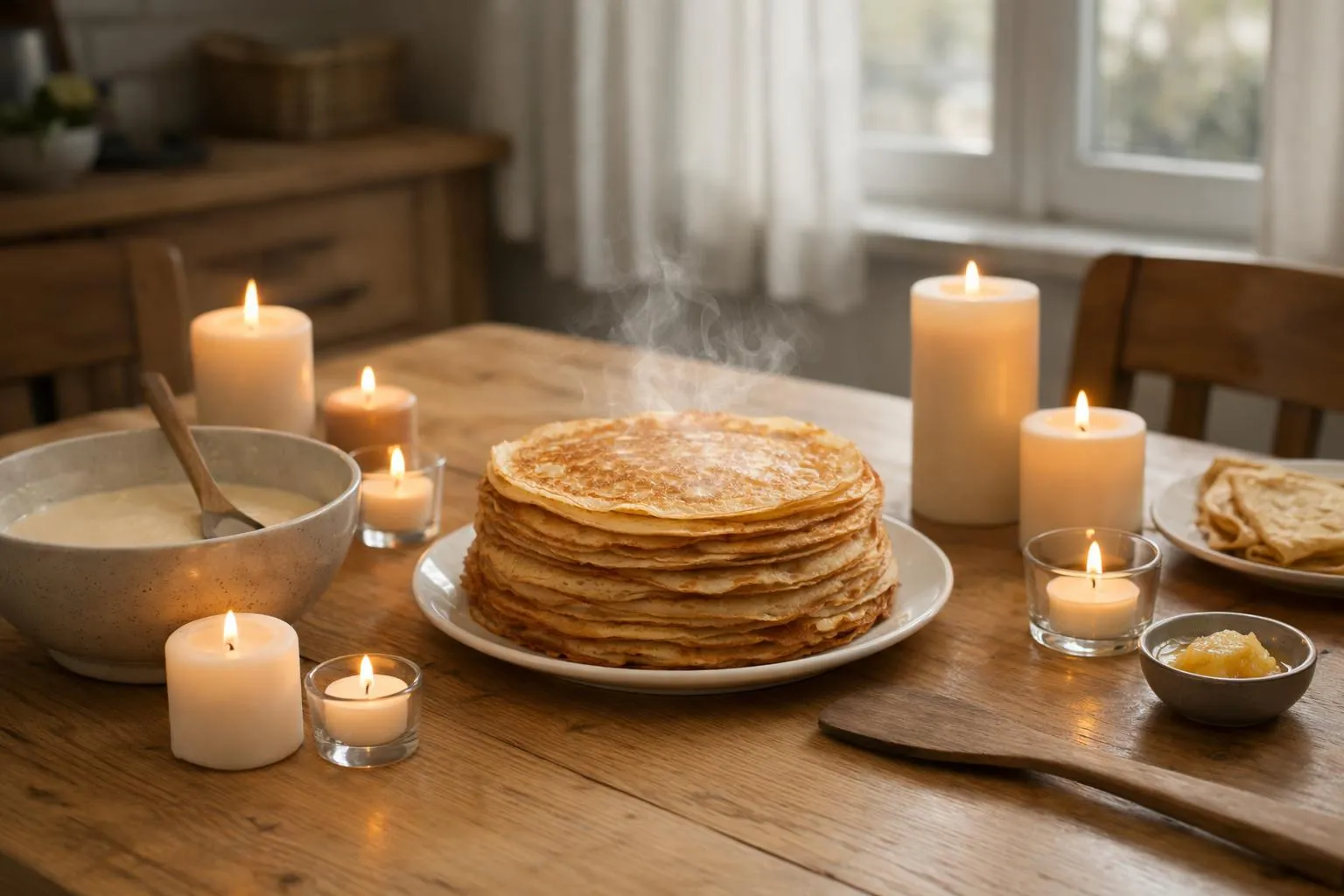 Pile de crêpes fumantes sur une table en bois, entourée de bougies allumées.
