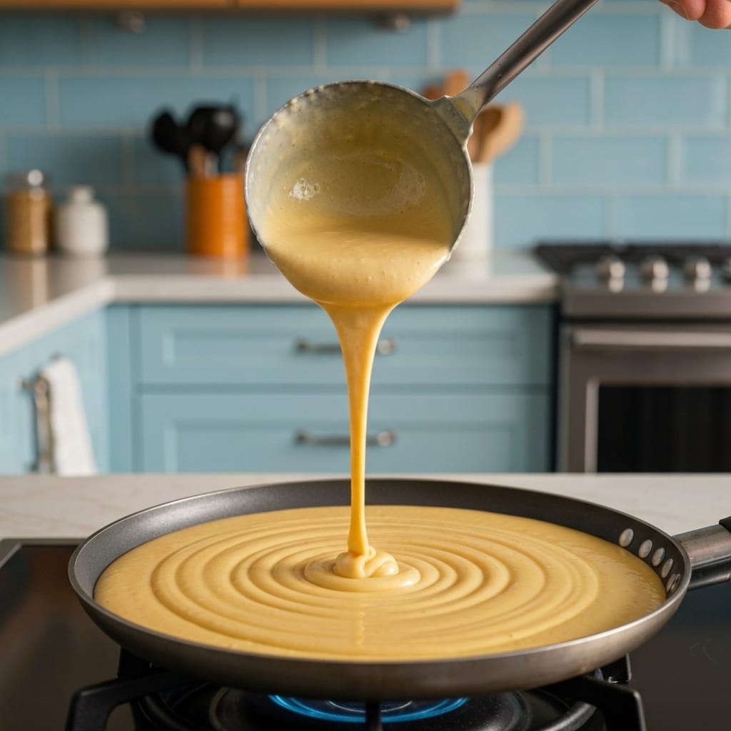 Une crêpe dorée et lisse, versée délicatement dans une poêle chaude, révélant une texture veloutée sans grumeaux.