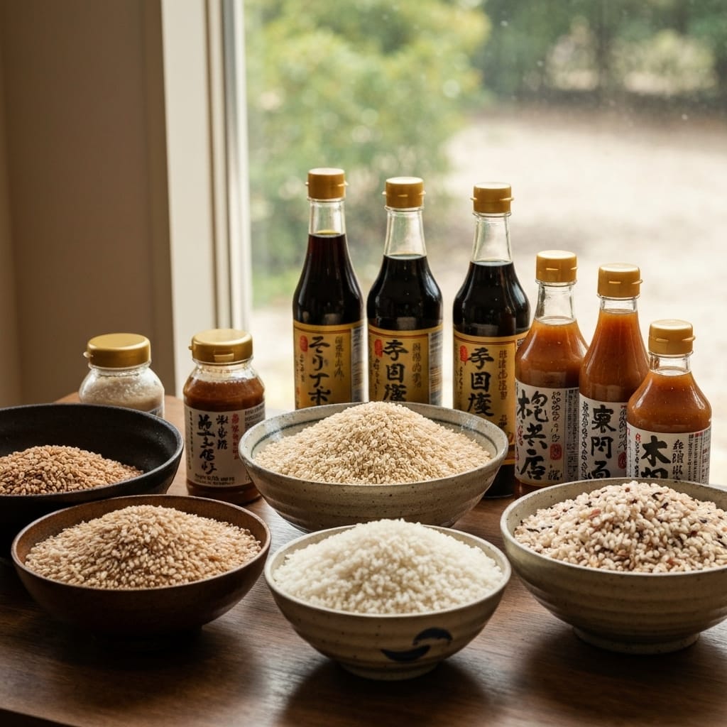 Ingrédients traditionnels de la garde-manger japonaise disposés sur une table en bois à la lumière naturelle, incluant d...
