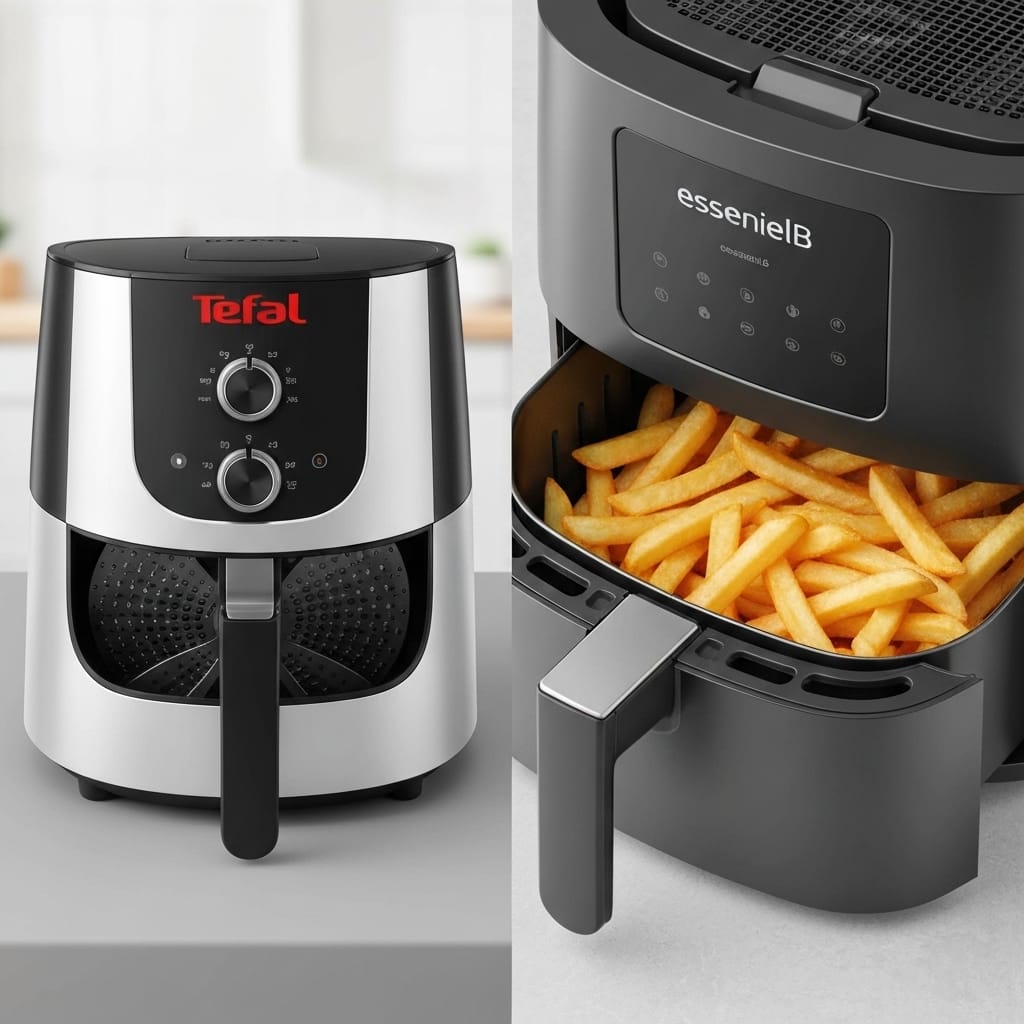 Avis Actifry Tefal vs EssentielB: 3 Critères Pour Choisir Ta Friteuse Sans Huile Une friteuse Tefal Actifry avec son agitateur à gauche et un panier EssentielB Air Fryer à droite, tous deux remplis de frites dorées, soulignant la différence de conception.