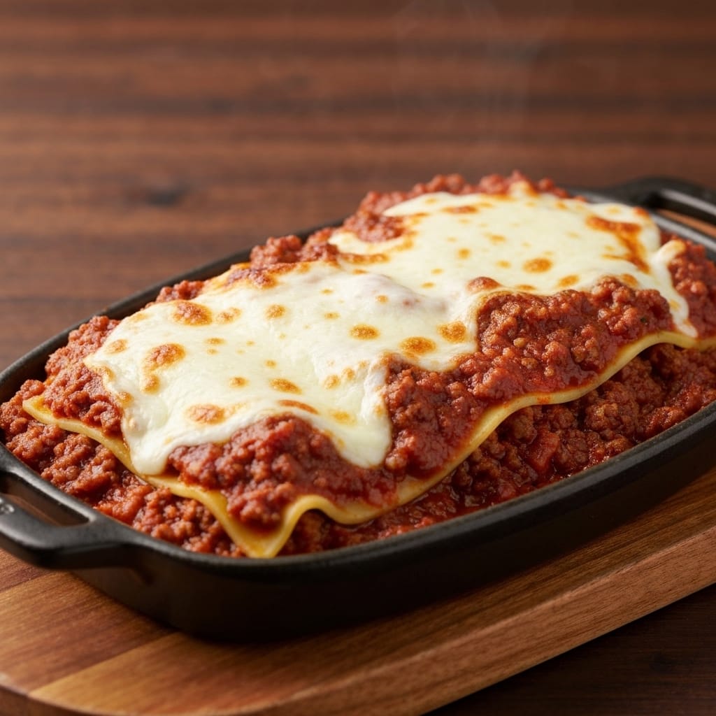 Une lasagne bolognaise fumante et dorée, fraîchement sortie du four, posée sur une table rustique.
