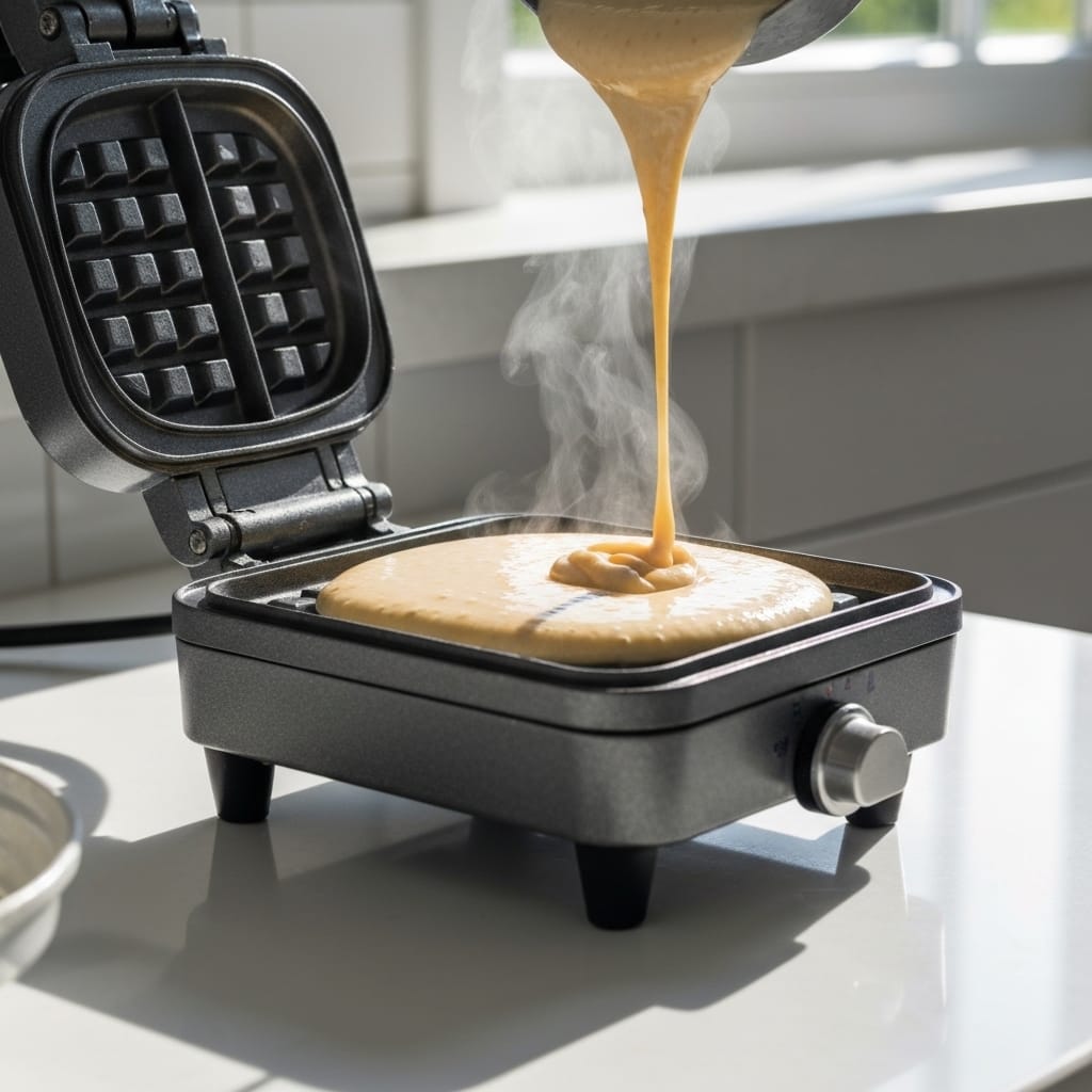 Versant la pâte à gaufres lisse dans un gaufrier chaud