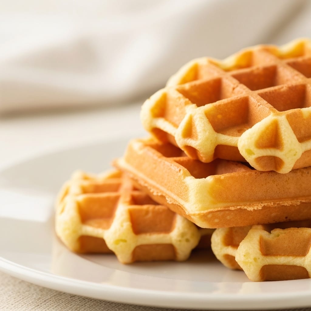 Des gaufres dorées et croustillantes empilées sur une assiette avec du sirop qui coule.