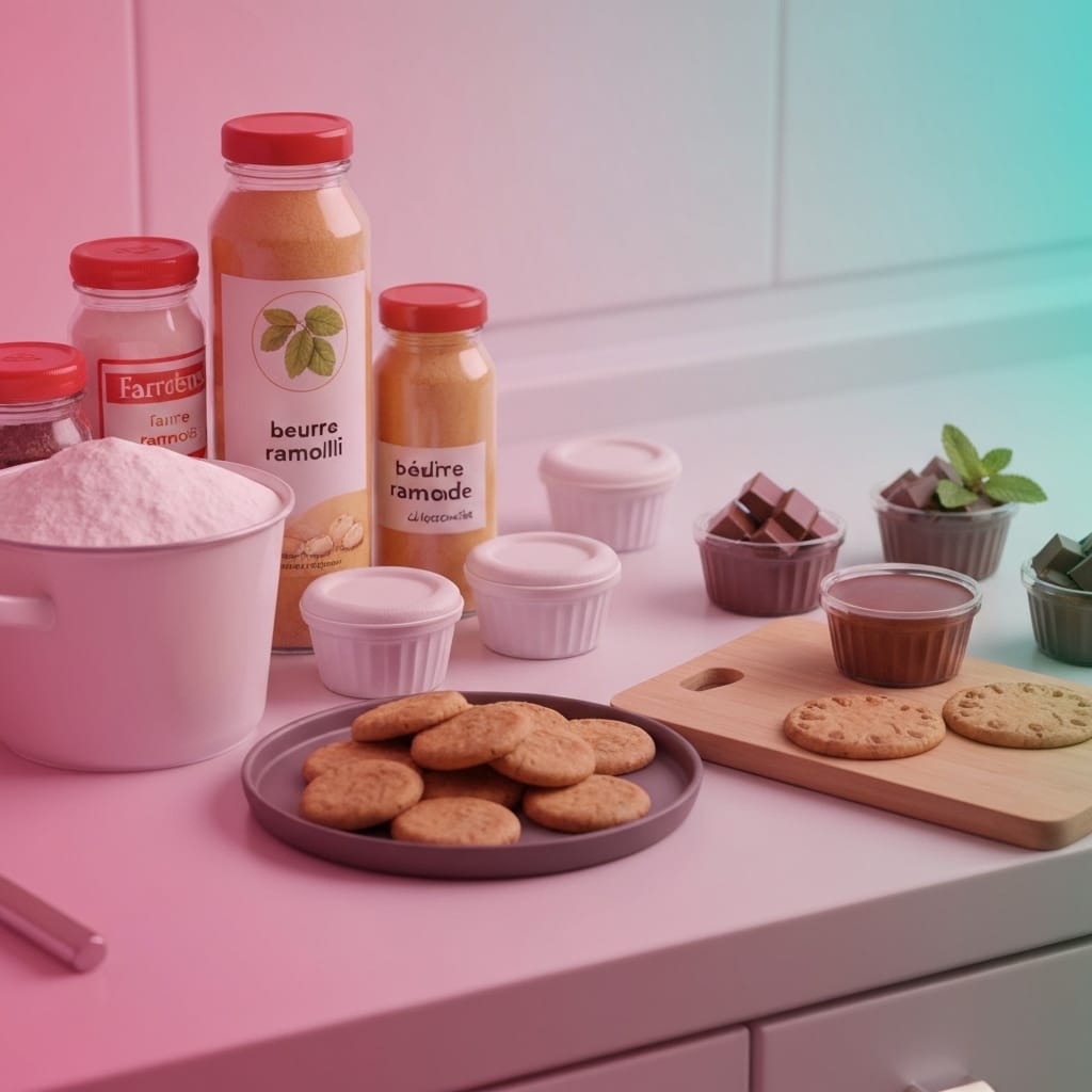 Gros plan sur les ingrédients de cuisson mesurés sur un plan de travail de cuisine : farine dans un bol, beurre ramolli, cassonade, pépites de chocolat dans de petits récipients, disposés pour la préparation de biscuits.