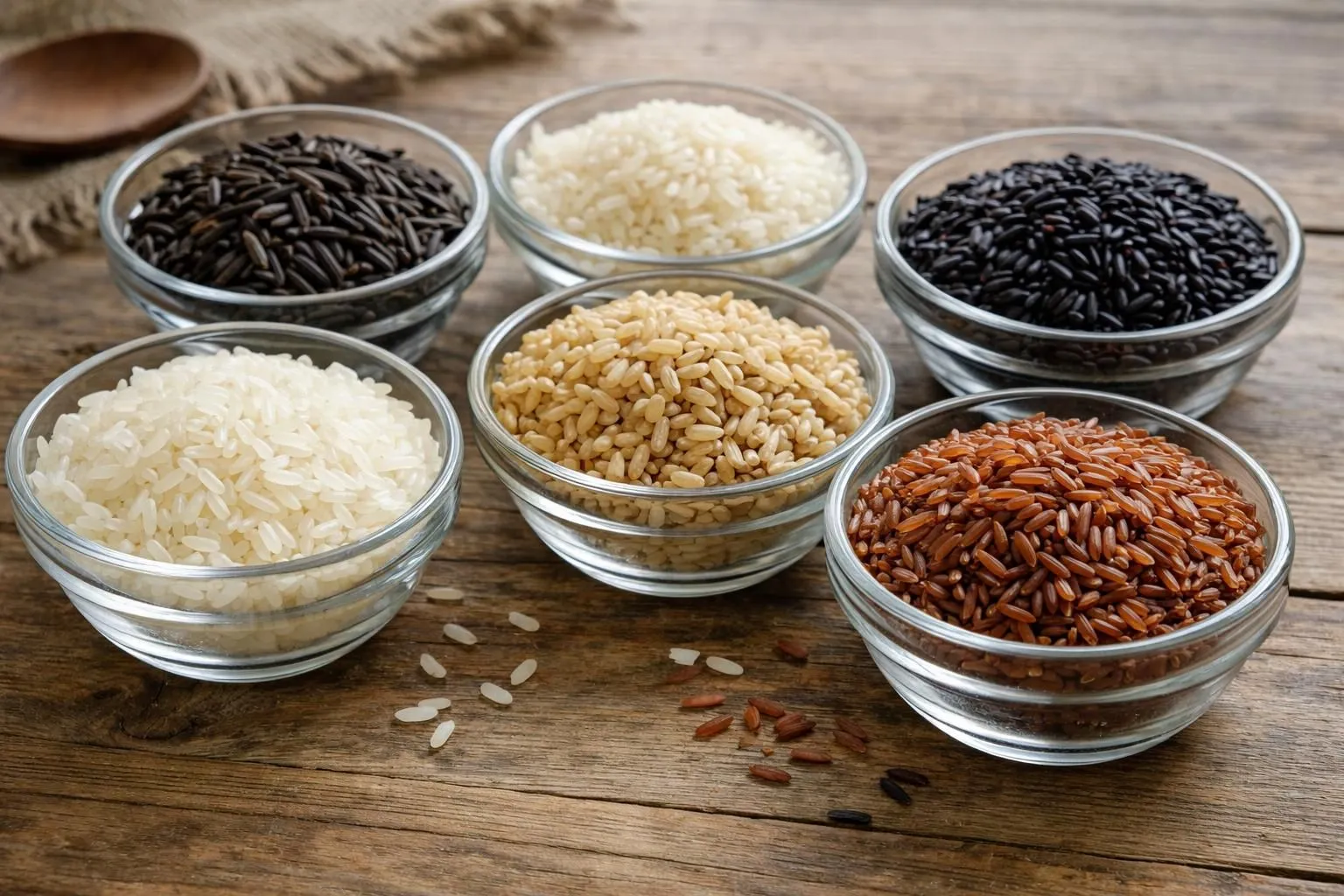 Combien de riz par personne selon le type de plat ? Différentes variétés de riz dans des bols en verre sur une table en bois - riz blanc, basmati, riz brun et riz à risotto.