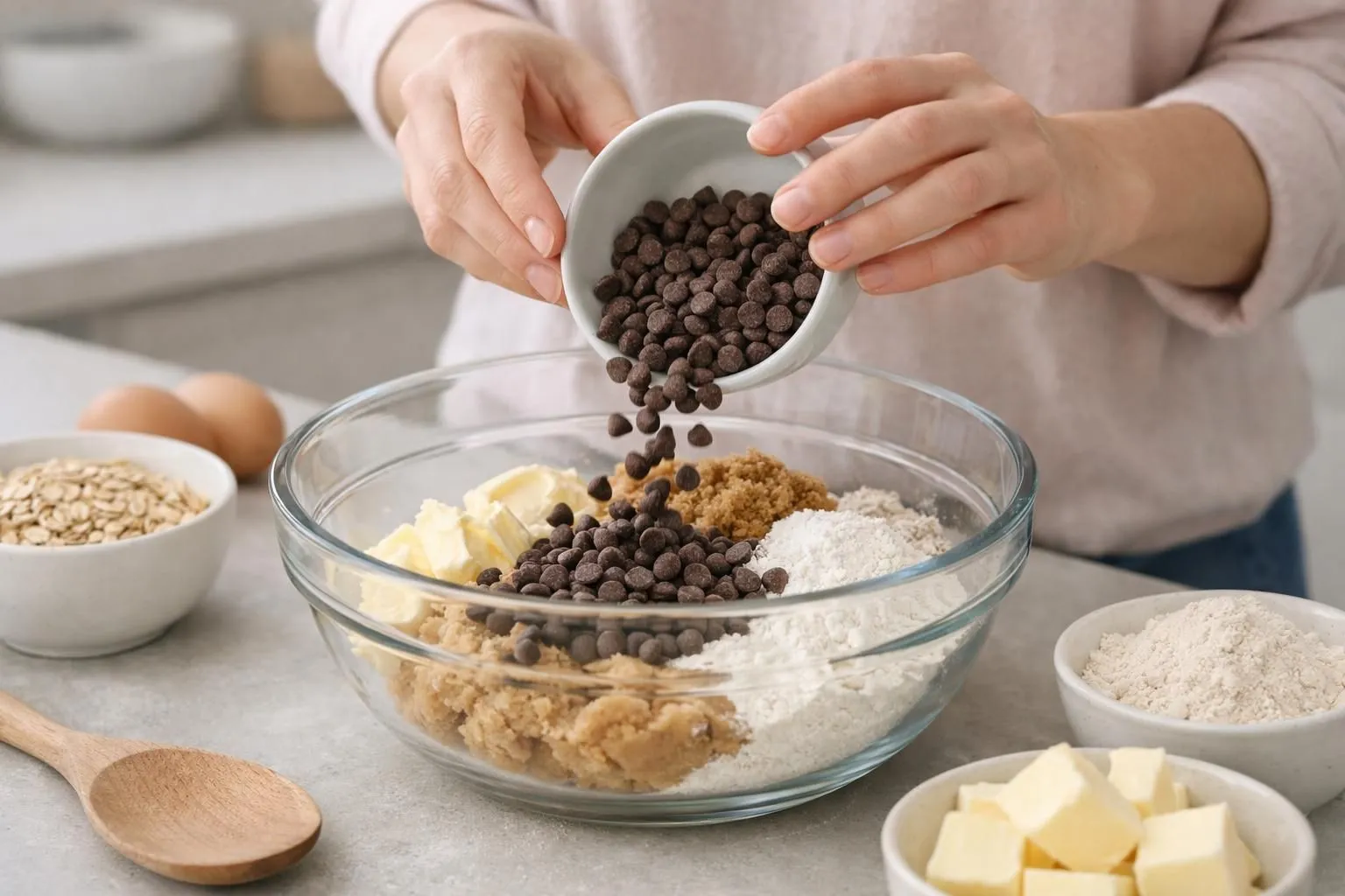 Recette cookies Mie Câline, 5 étapes pour les réussir à la maison Des mains versant des pépites de chocolat dans un bol d'ingrédients.