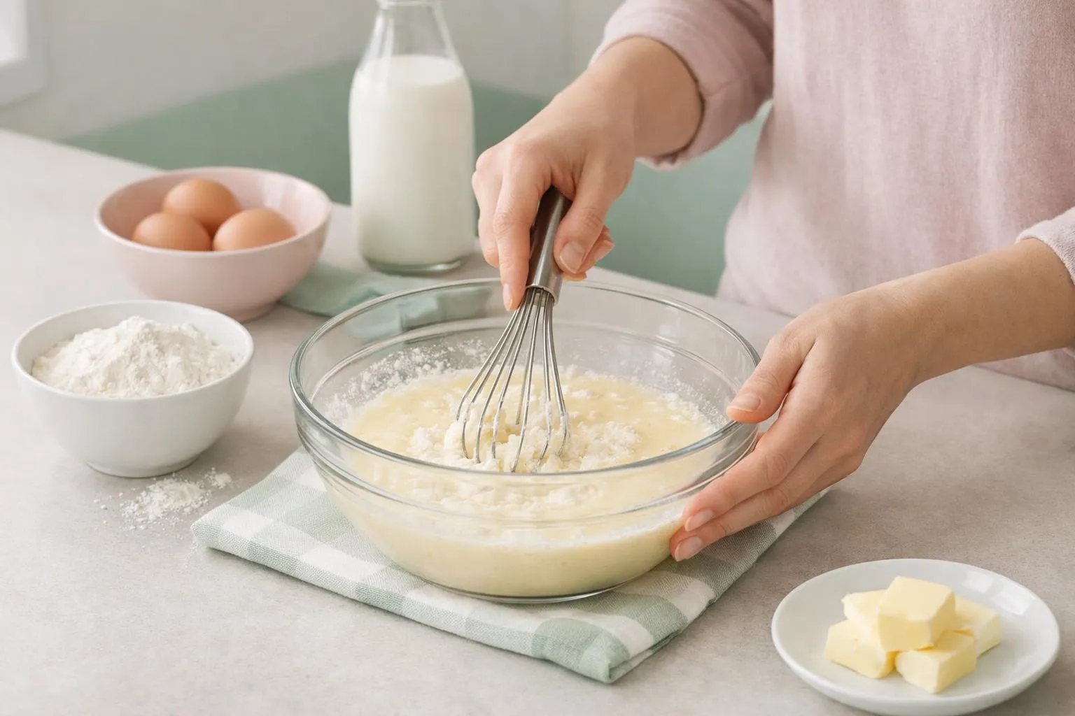 Hands whisking batter in a glass bowl, baking ingredients nearby.