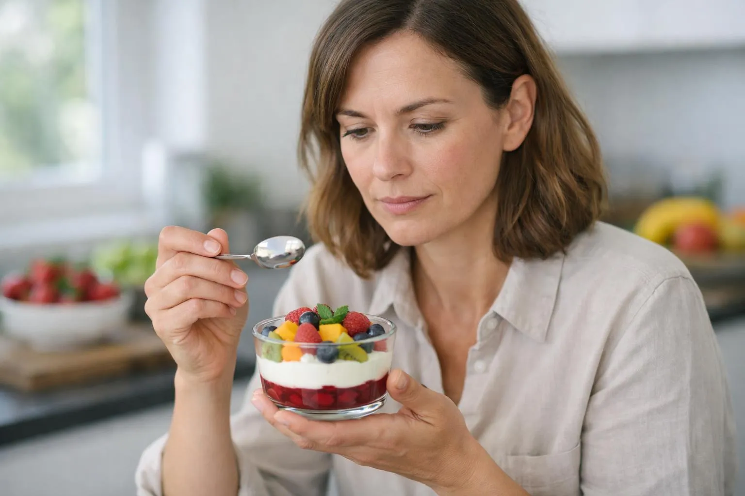 Vue à 45 degrés d'une cuisine lumineuse moderne avec une personne évaluant attentivement un dessert aux fruits coloré disposé dans une assiette blanche élégante, main tenant une cuillère, expression satisfaite et concentrée, fruits frais variés visibles en arrière-plan sur un plan de travail en bois clair, lumière naturelle douce traversant une fenêtre, ambiance conviviale et professionnelle, mise au point nette sur le dessert et la main, arrière-plan légèrement flouté