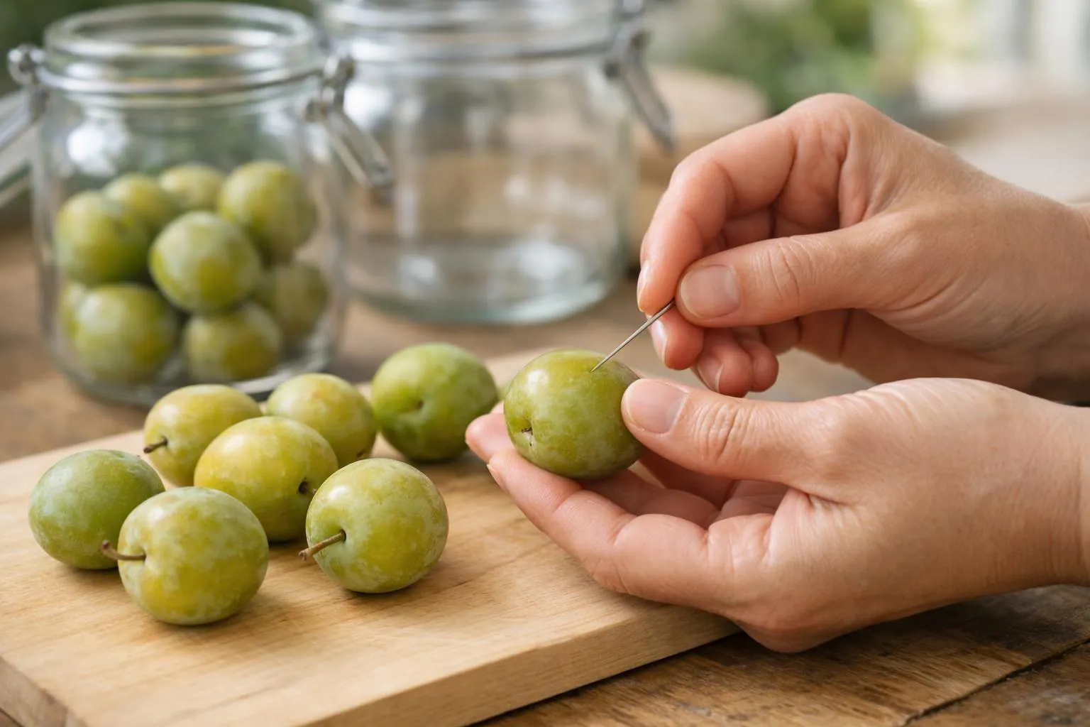 Prunes à l'eau de vie maison en 5 étapes pour un digestif Mains tenant une aiguille fine en train de piquer délicatement des prunes fraîches reines-claudes disposées sur une planche en bois claire, bocaux en verre transparent en arrière-plan légèrement flous, lumière naturelle douce de cuisine d'été, ambiance artisanale et chaleureuse, fruits entiers non coupés, geste précis de piquage visible, tons verts et violets des prunes, bois clair, aucun texte ni étiquette dans l'image