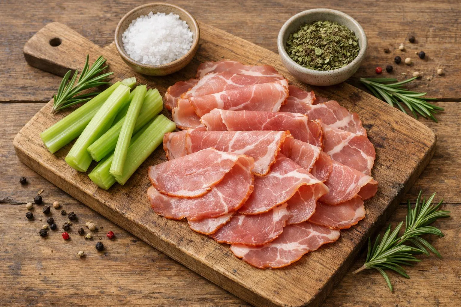 Flat lay view of a rustic wooden cutting board with sliced nitrite-free cured ham, fresh celery stalks with leaves, small bowls containing coarse sea salt and natural plant extracts, surrounded by antioxidant-rich ingredients like rosemary sprigs and peppercorns, soft natural daylight from side window, warm beige and green tones, realistic food photography, no text or labels visible