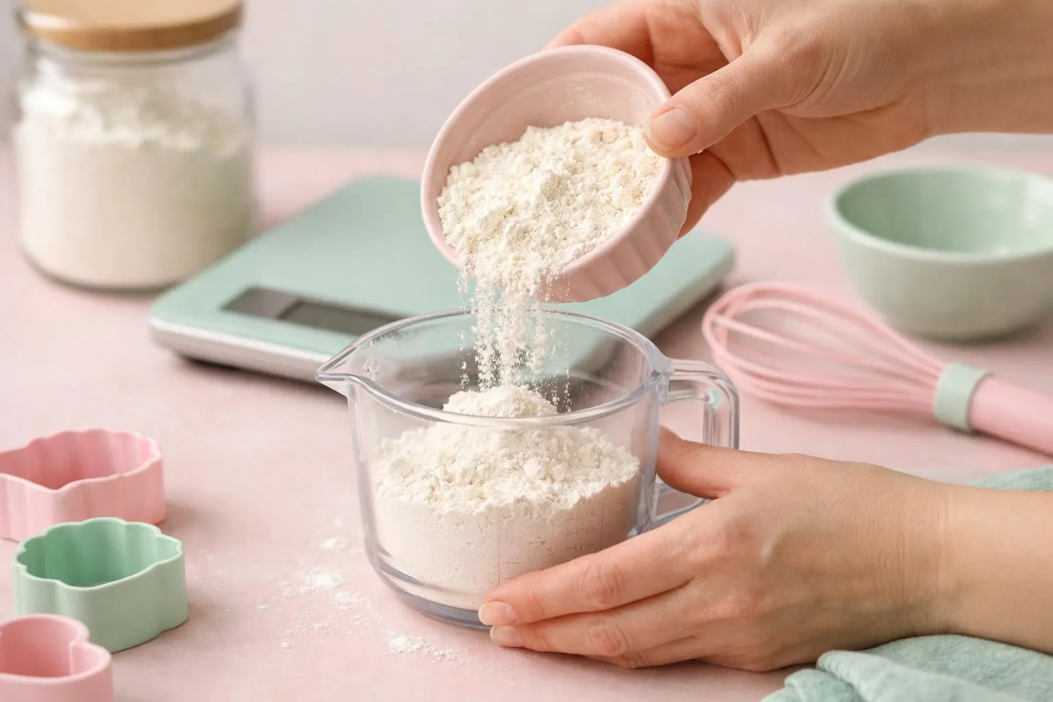 Mains versant de la farine dans un bol en verre sur une surface de cuisine.
