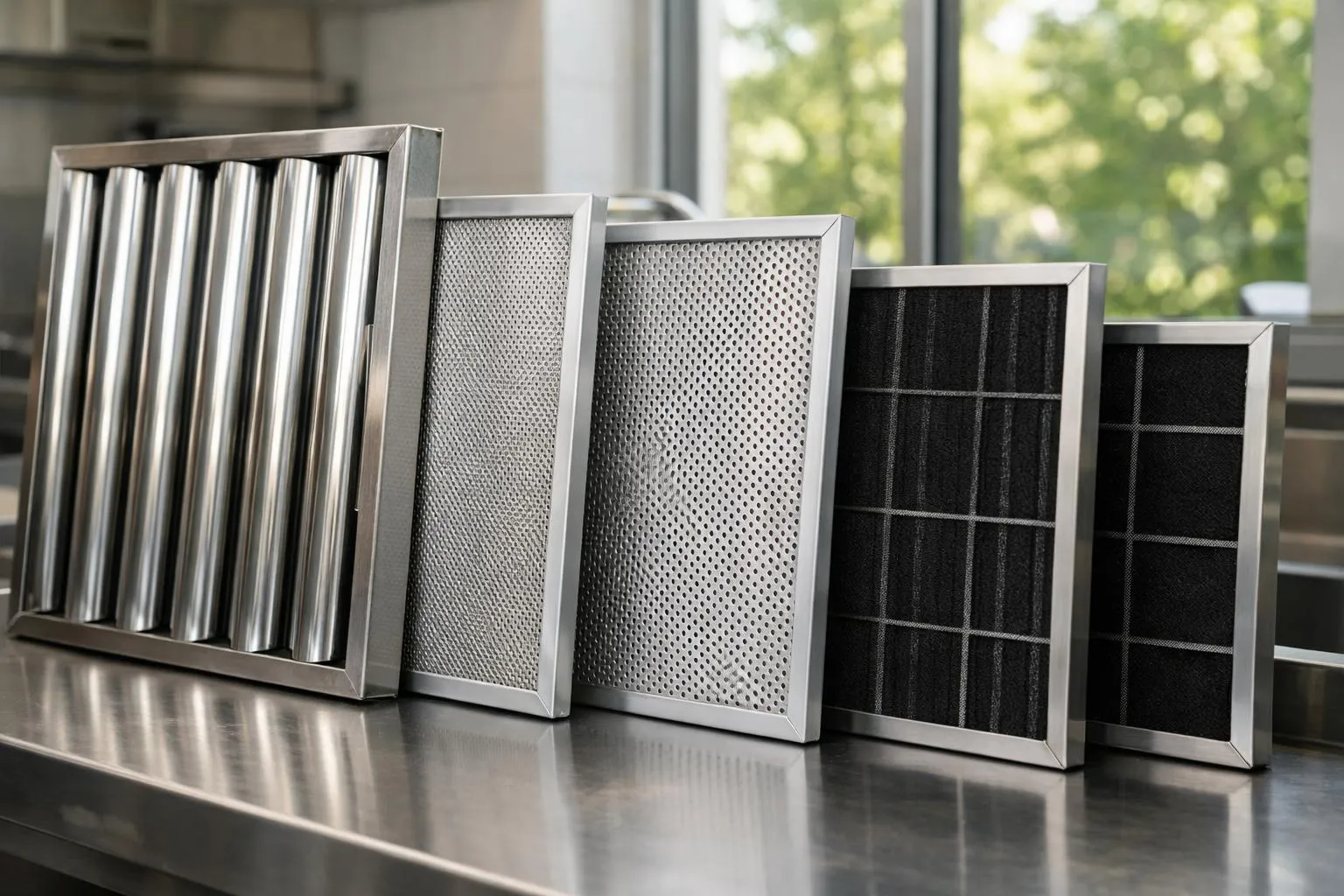 Filtres d'air en métal de différents modèles et tailles.
