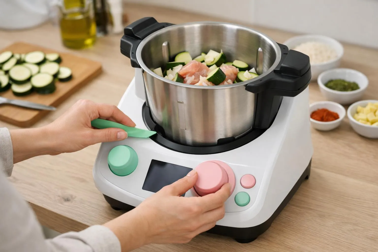 Préparation des ingrédients dans un robot de cuisine moderne.