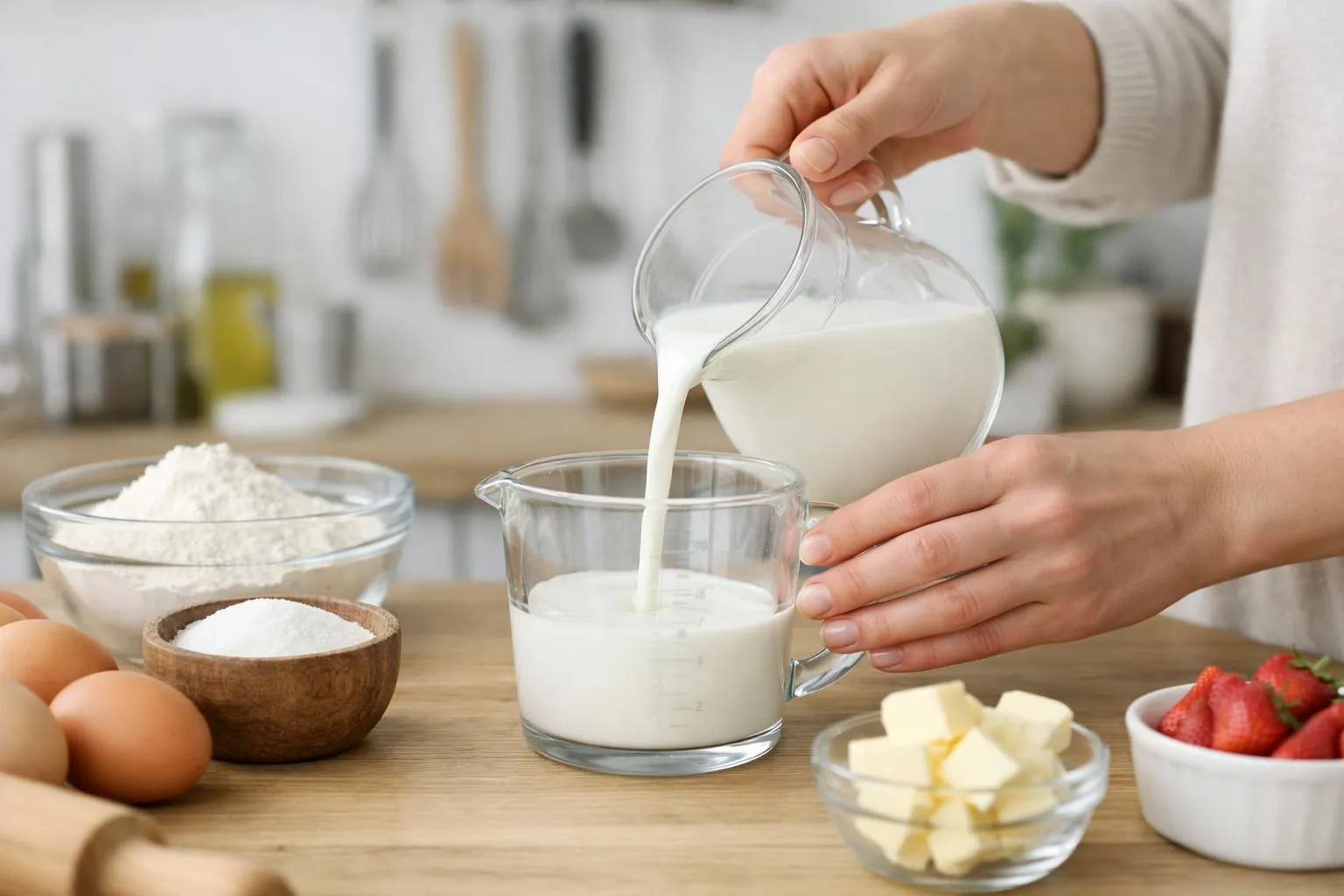 Préparation d'ingrédients pour la cuisson, incluant lait, farine, œufs et fruits.