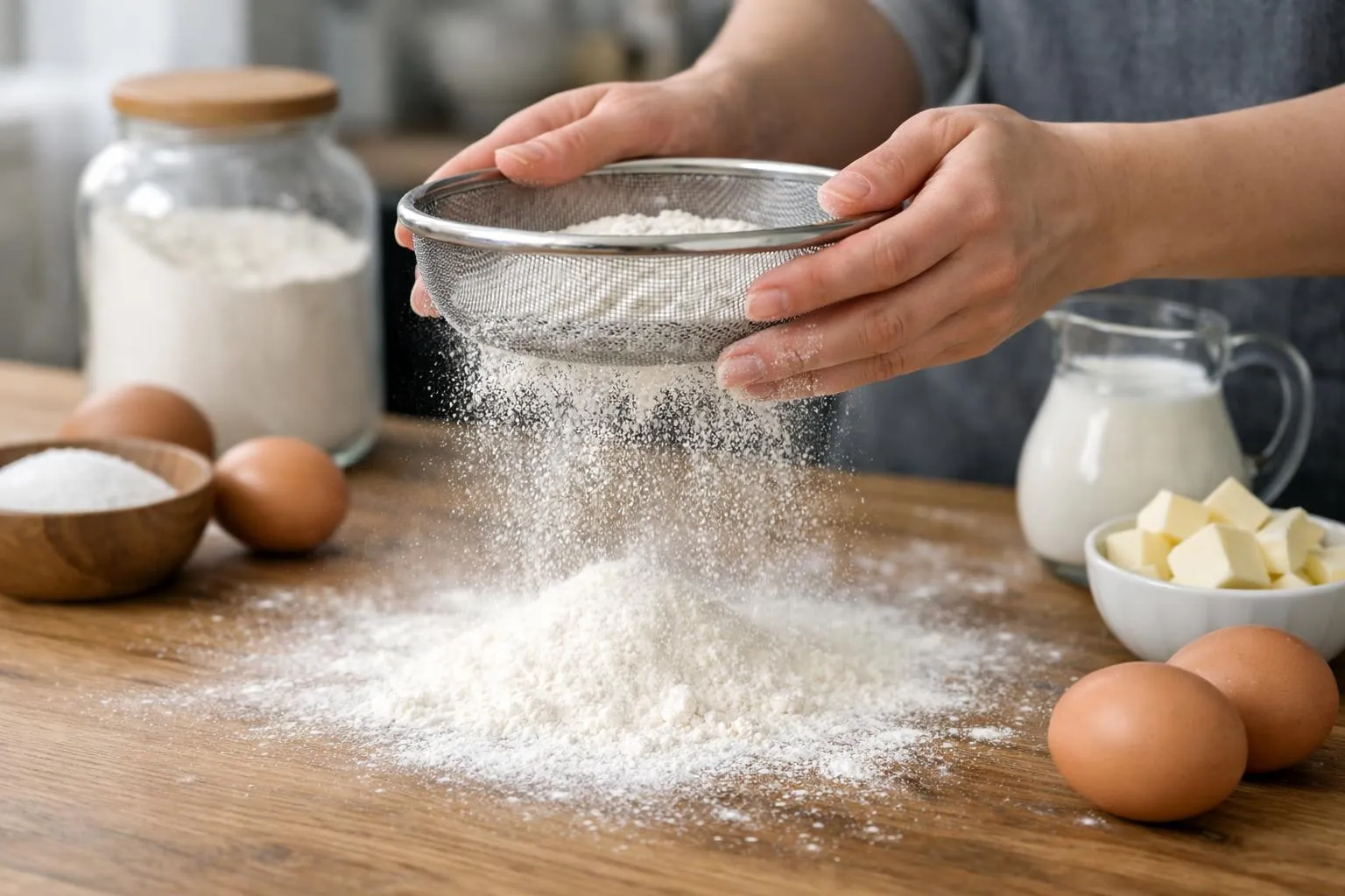 Mains tamisant de la farine sur une surface de bois avec des ingrédients de cuisine.