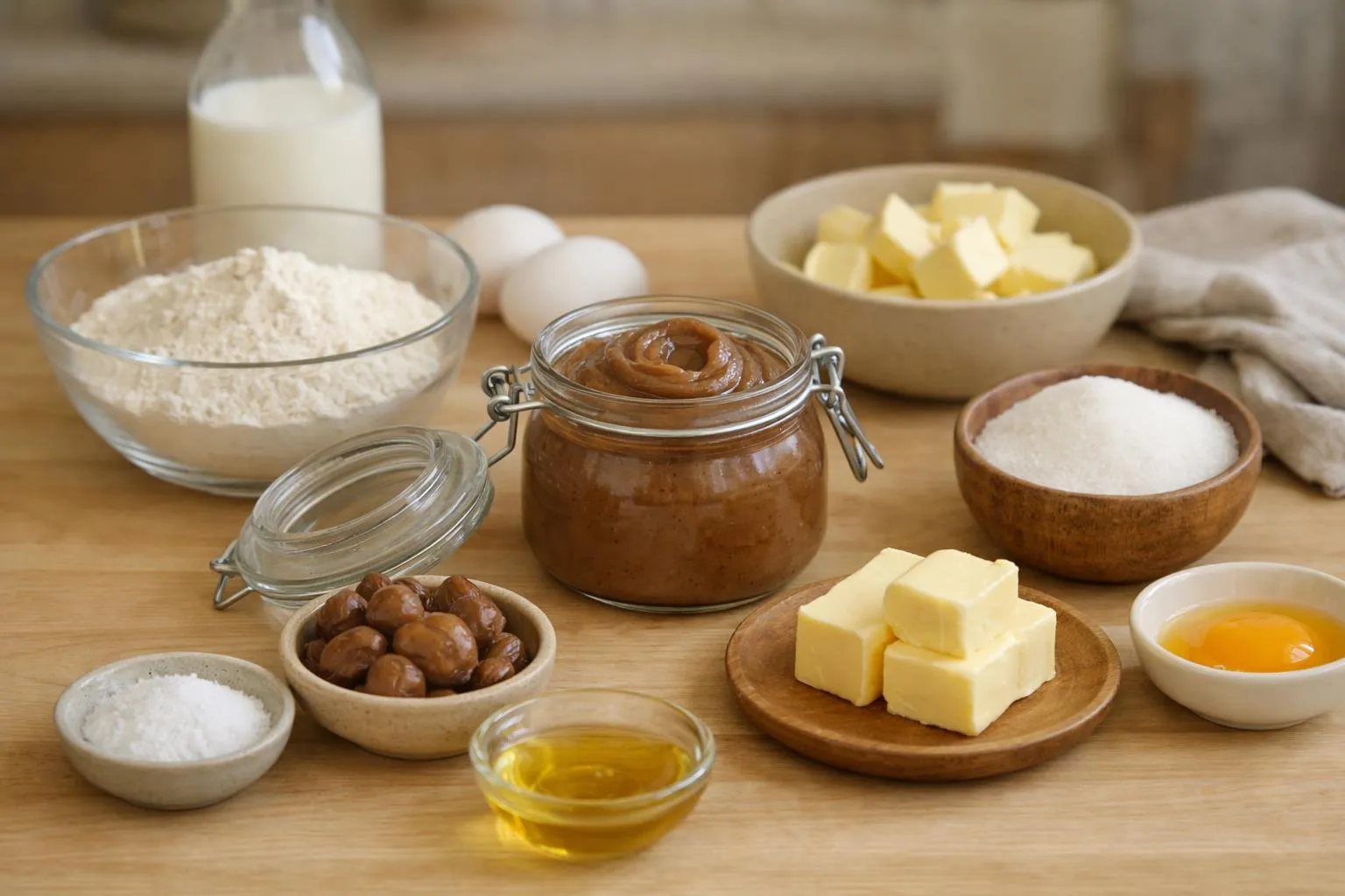 Ingrédients pour la cuisson: farine, oeufs, beurre, sucre, noix, huile.