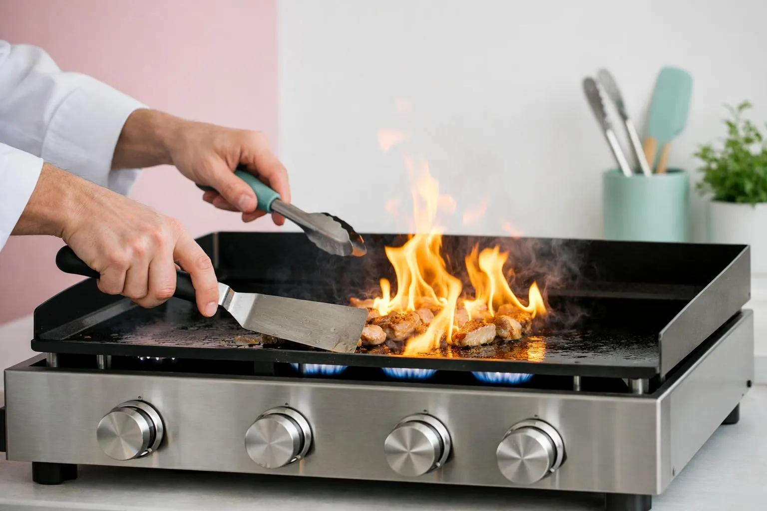 Cuisson de viande sur un grill à gaz avec flammes vives.