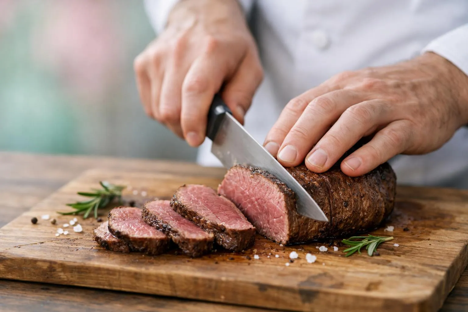 Mains tranchant une viande de bœuf cuite sur une planche de bois.