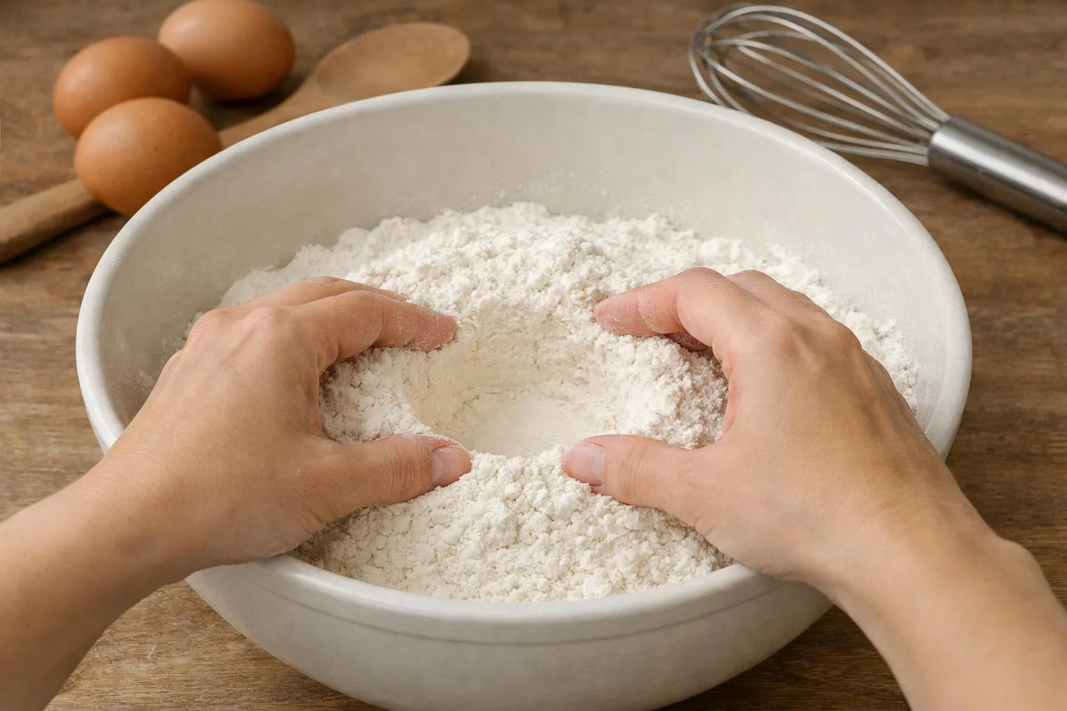 Mains féminines formant un puits parfait dans un tas de farine blanche tamisée, disposée dans un grand saladier en céramique blanc. Vue de dessus (flat lay) sur plan de travail en bois clair. Œufs frais cassés attendent à côté dans un bol transparent. Lumière naturelle douce créant des ombres légères. Cuillère en bois et fouet métallique visibles en arrière-plan flouté. Ambiance cuisine familiale moderne et chaleureuse. Gros plan sur la texture fine de la farine et la profondeur du cratère central.