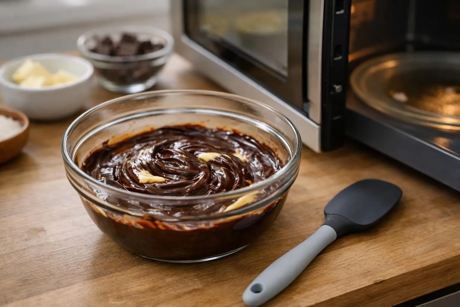 Vue rapprochée d'un bol en verre contenant du chocolat noir et du beurre fondus ensemble, texture brillante et homogène, posé sur un plan de travail en bois clair à côté d'un micro-ondes moderne entrouvert, cuillère en silicone appuyée contre le bol, lumière naturelle douce, ambiance cuisine domestique chaleureuse, mise au point nette sur le mélange chocolaté, arrière-plan légèrement flouté montrant des ingrédients (œufs, farine)