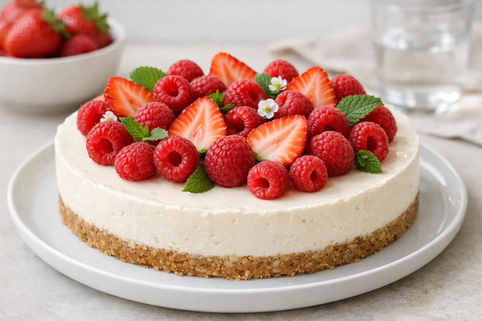 Cheesecake sans cuisson parfaitement dressé sur un plat moderne, généreusement recouvert de fraises fraîches tranchées et de framboises éclatantes. Vue à 45° montrant la texture crémeuse de la garniture blanche et la base biscuitée dorée. Sur une table en bois clair avec quelques fruits rouges éparpillés autour, cuillères à dessert élégantes, lumière naturelle douce créant des reflets appétissants, ambiance conviviale et gourmande, focus net sur les détails de la décoration fruitée.