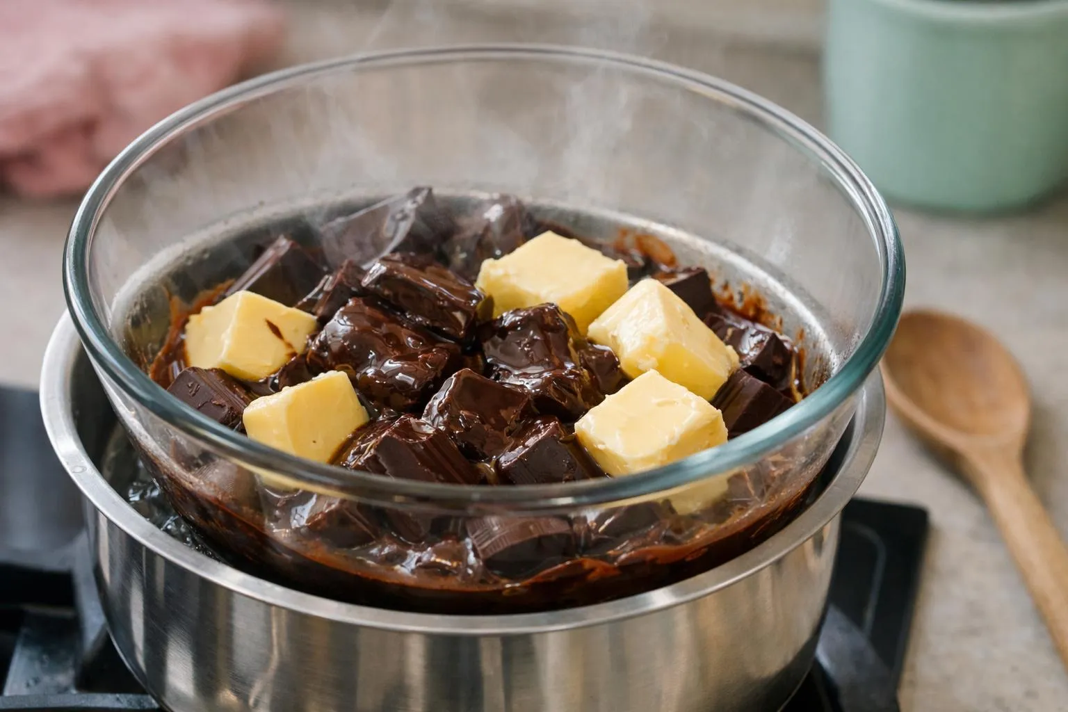 Close-up photo of dark chocolate chunks and butter cubes melting together in a glass bowl placed over a simmering pot of water, steam gently rising, wooden spoon resting on the side, warm kitchen lighting, realistic culinary scene with visible texture of melting chocolate