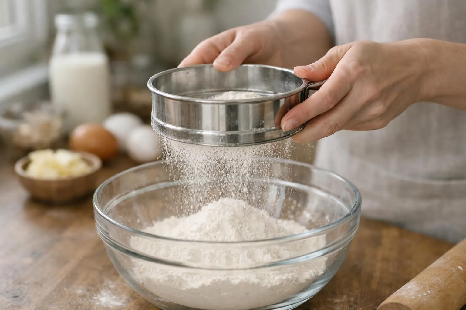 Gros plan sur des mains féminines tenant un tamis à farine au-dessus d