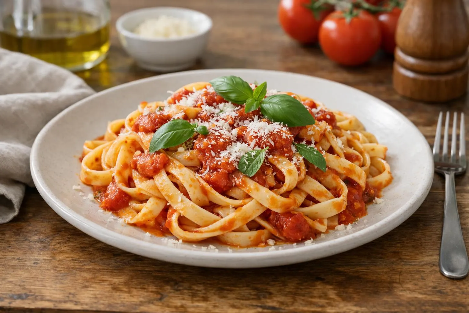 Assiette fumante de pâtes fraîches nappées de sauce tomate rouge vif, parsemées de feuilles de basilic vert et de copeaux de parmesan, sur une table en bois clair avec ingrédients frais visibles en arrière-plan (tomates cerises, bouquet de basilic, ail), lumière naturelle douce, cadrage vue à 45°, ambiance cuisine familiale chaleureuse