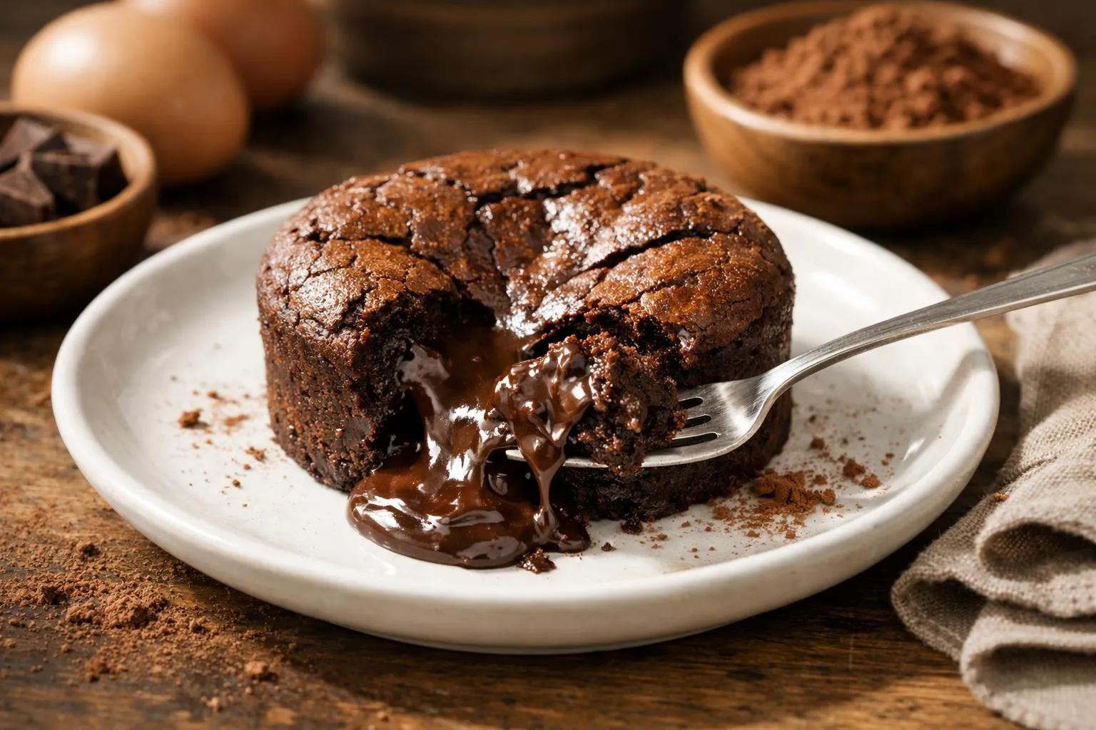 Close-up of a molten chocolate cake with a glossy, cracked top on a white ceramic plate, showing the characteristic runny center with melted chocolate flowing out as a fork cuts through. Kitchen background with scattered cocoa powder and fresh ingredients visible, warm natural lighting from the side creating appetizing shadows, realistic food photography style, view at 45-degree angle focused sharply on the cake's gooey texture.