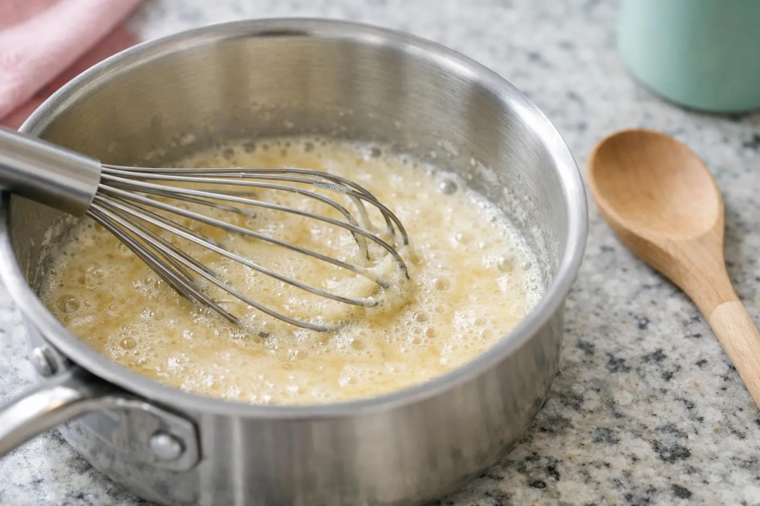 Close-up shot of a whisk stirring butter and flour in a stainless steel saucepan to make a white roux, small bubbles visible, pale blonde color, wooden spoon on the side, granite countertop, soft natural daylight from a window, realistic kitchen photography, no text