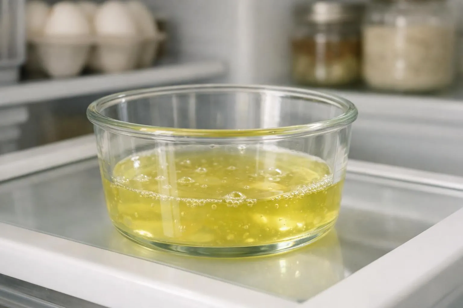 Blancs d'œufs séparés dans un récipient en verre transparent au réfrigérateur, étiquette avec date visible, lumière naturelle de cuisine douce éclairant le contenant, arrière-plan avec étagères de réfrigérateur légèrement floues, ambiance propre et organisée, vue à 45 degrés, rendu réaliste et détaillé sans aucun texte dans l'image