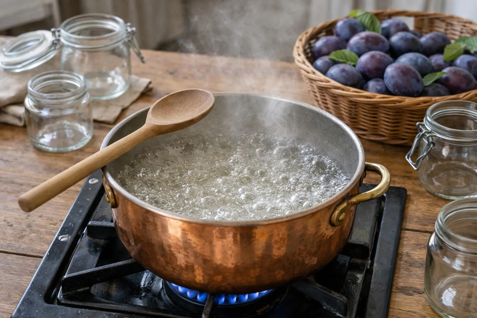 Prunes à l'eau de vie maison en 5 étapes pour un digestif Casserole en cuivre sur feu avec sirop de sucre transparent en ébullition, cuillère en bois posée sur le rebord, vapeur légère visible, bocaux en verre vides à proximité, prunes fraîches dans un panier en osier, plan de travail en bois patiné, lumière naturelle douce d'une fenêtre, ambiance cuisine traditionnelle française chaleureuse, cadrage à 45°, mise au point sur le sirop bouillonnant, couleurs naturelles bois et cuivre. ABSOLUTELY NO TEXT, words, letters, numbers, signs, labels, logos, titles, or captions in the image.