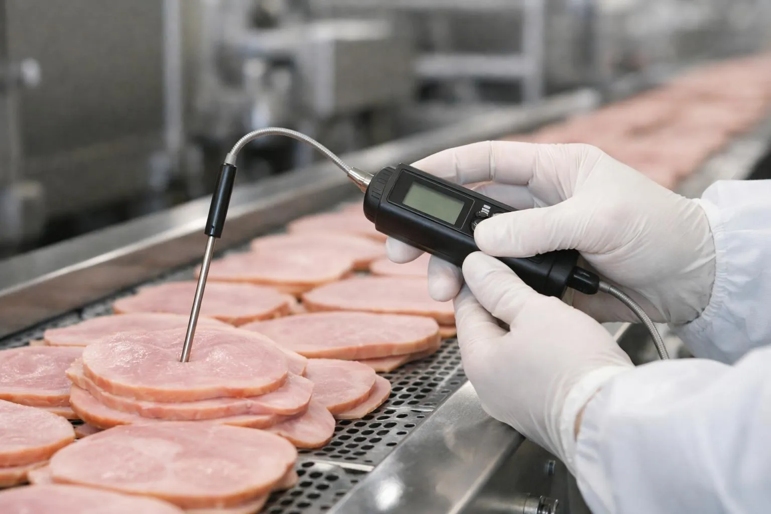 Industrial food thermometer probe inserted into sliced cooked ham on stainless steel production line, with visible temperature digital display showing precise core cooking measurement, background shows vacuum-sealed packages and quality control technician hands in hygiene gloves adjusting equipment, modern charcuterie facility lighting, realistic food safety audit scene