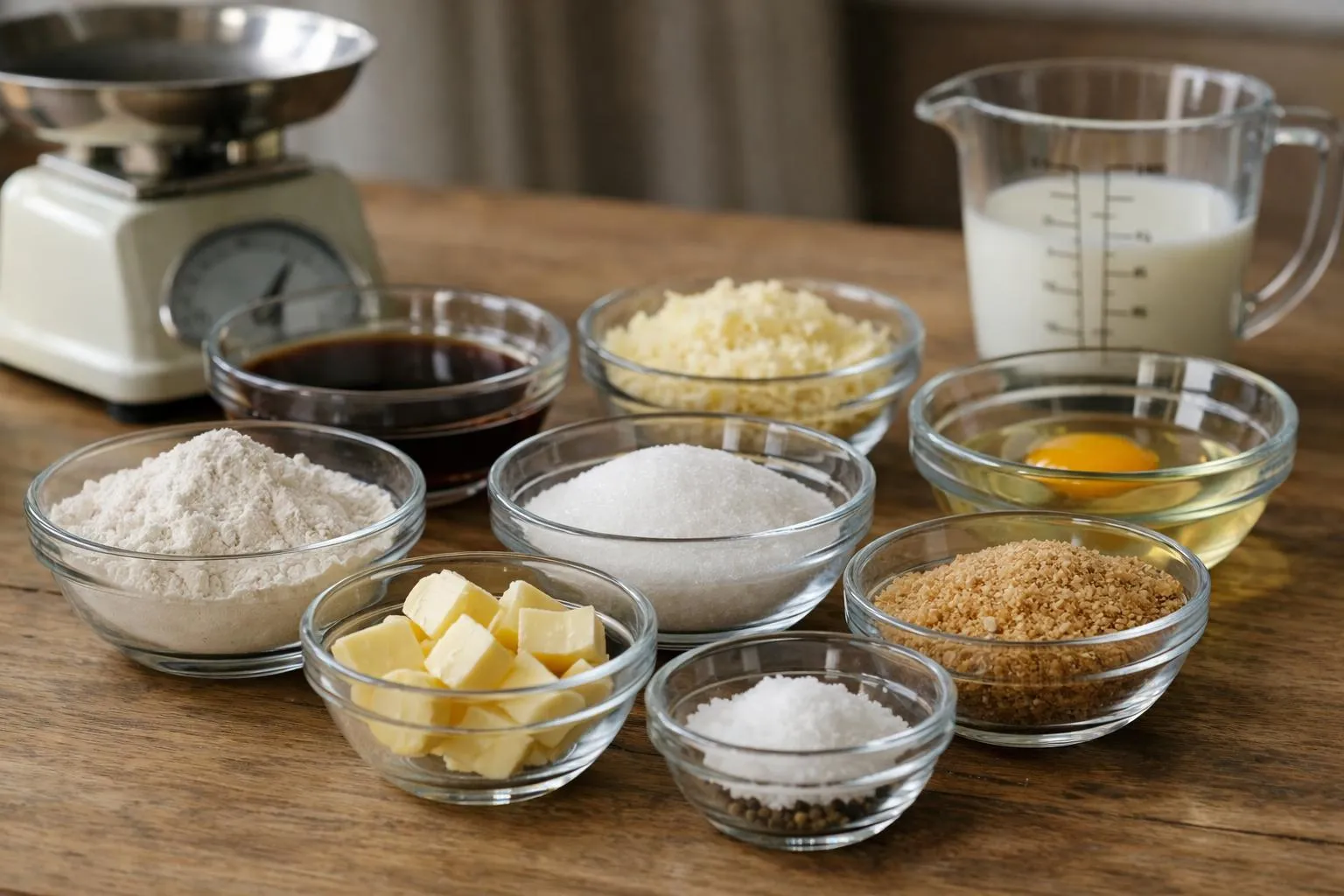 Close-up vue de dessus montrant 15 petits bols en verre transparent disposés sur un plan de travail en bois clair, chacun contenant un ingrédient différent (farine blanche, sucre en poudre, miel doré, huile végétale, cacao en poudre, lait, crème fraîche, sucre glace, fécule de maïs, sirop d'érable ambré, lait en poudre, beurre fondu, yaourt blanc). À côté, un verre doseur gradué en centilitres et une balance de cuisine numérique moderne. Éclairage naturel latéral, ombres douces, ambiance organisée et pratique pour la préparation culinaire. Style épuré, tons naturels, mise au point nette sur les textures variées des ingrédients.