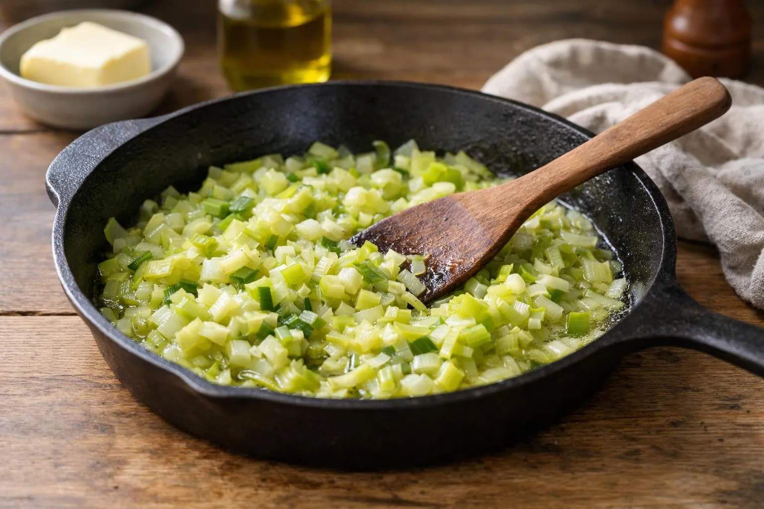 Poêle en fonte avec dés de poireaux cuits à la poêle.