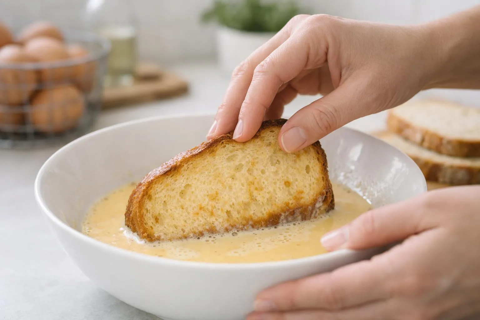 Main plongeant dans un bol de soupe.