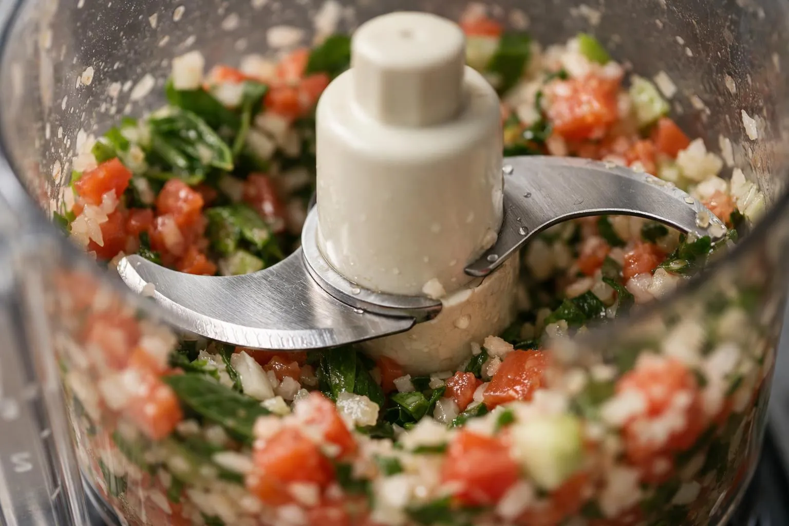Hachoir électrique avec légumes hachés finement dans un bol.