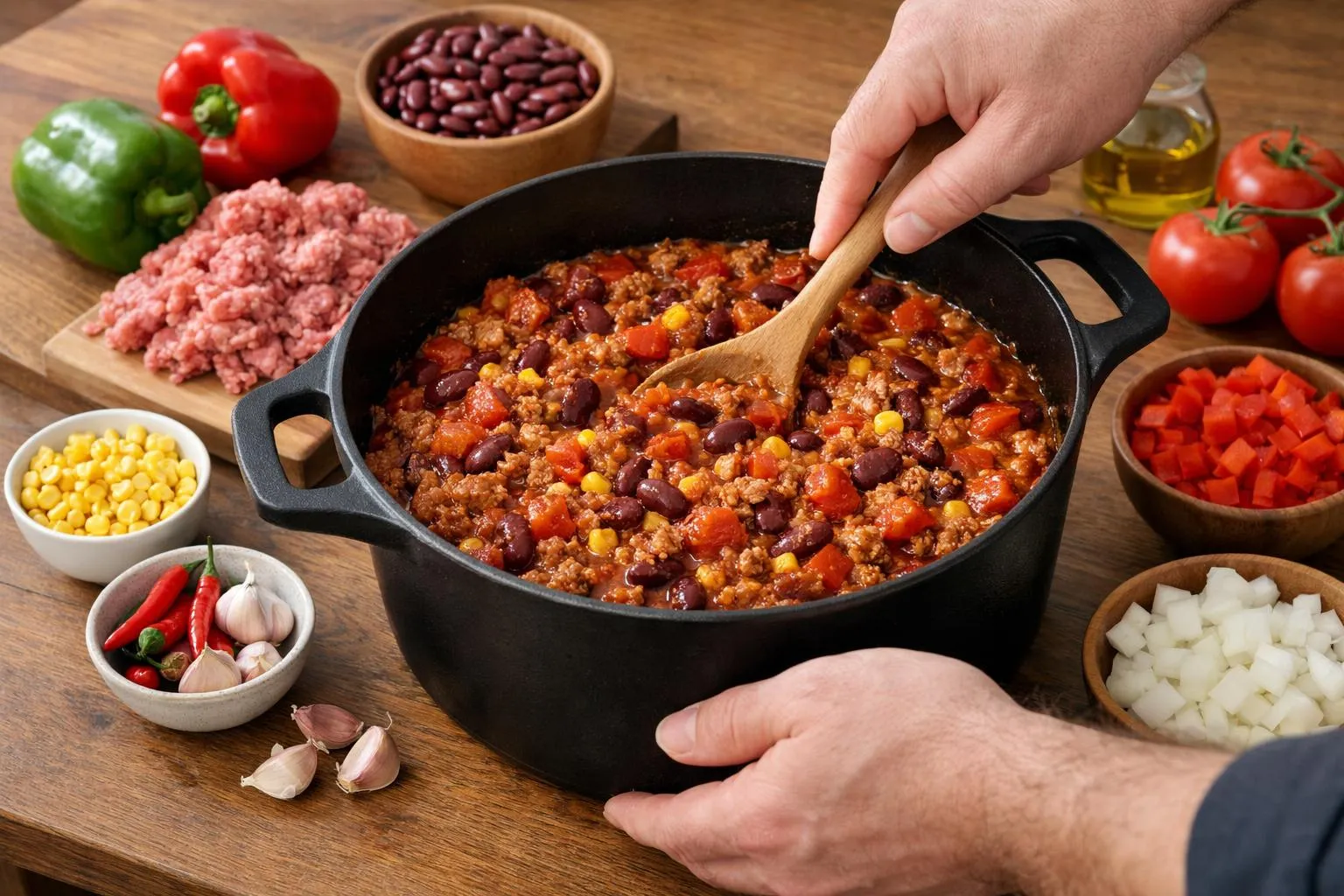 Plat de chili épicé avec viande hachée, haricots rouges et légumes.