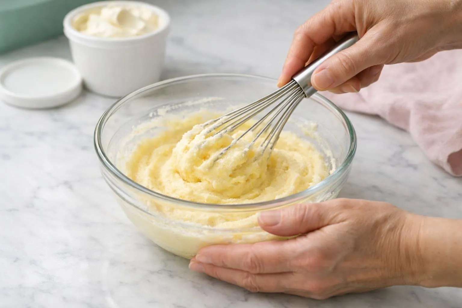 Mains mélangeant une pâte crémeuse dans un bol en verre.
