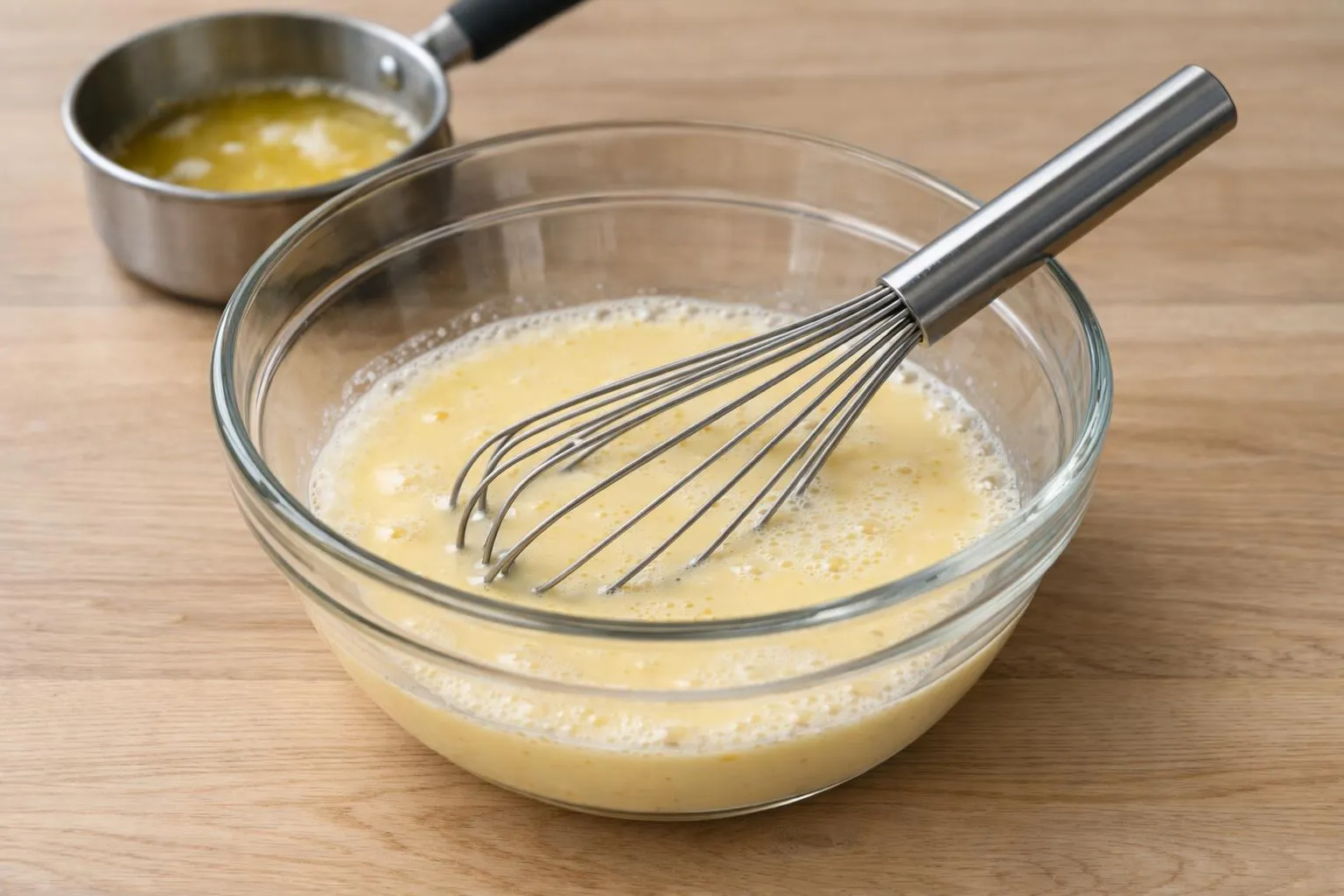 Bol en verre contenant un mélange de jaune d'œuf battu, fouet en métal.