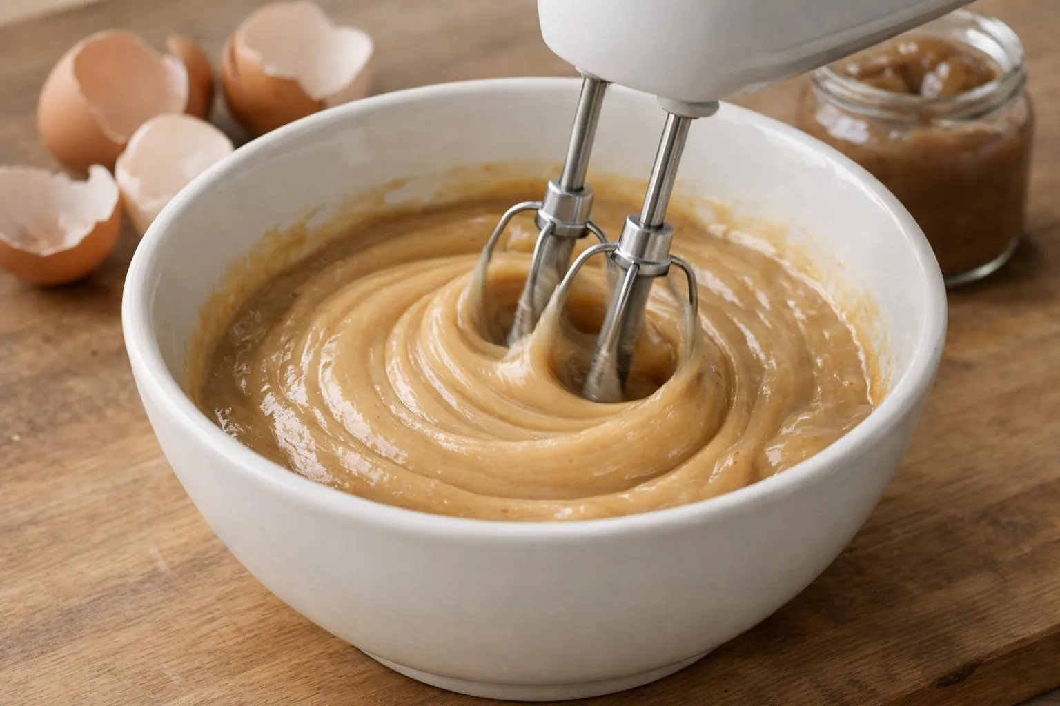 Bol blanc contenant une préparation de pâte dorée fouettée.