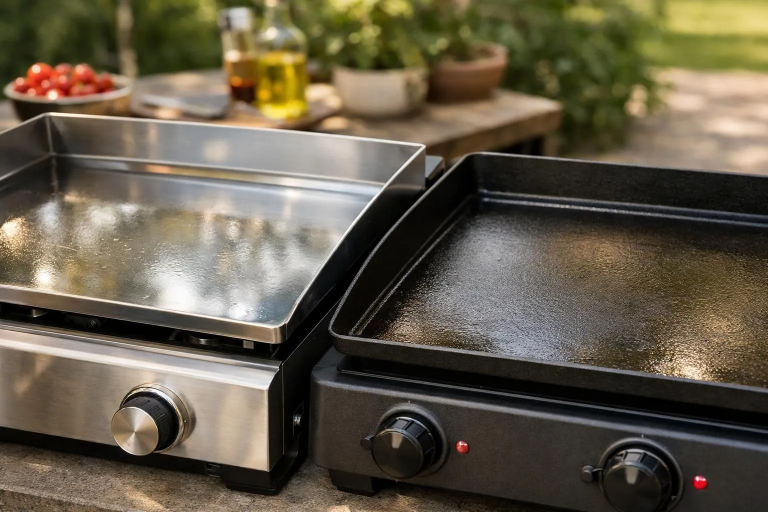 Plaque de cuisson extérieure avec grille et brûleurs à gaz.