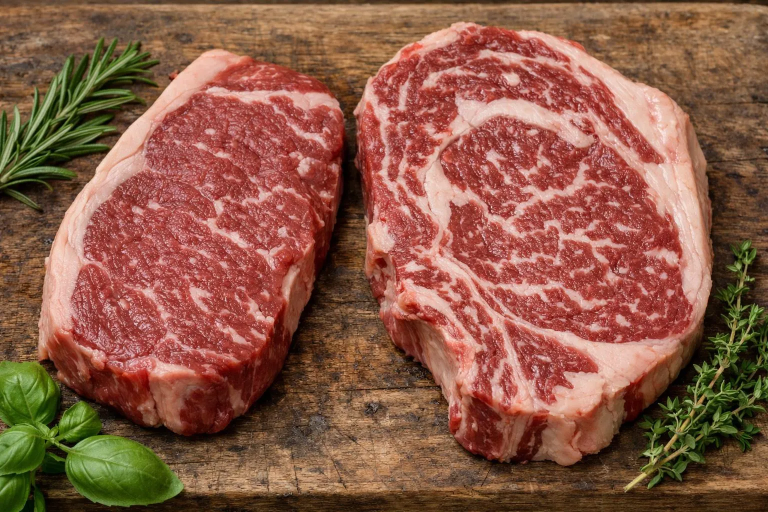 Deux morceaux de viande de bœuf crue sur une surface en bois avec des herbes.