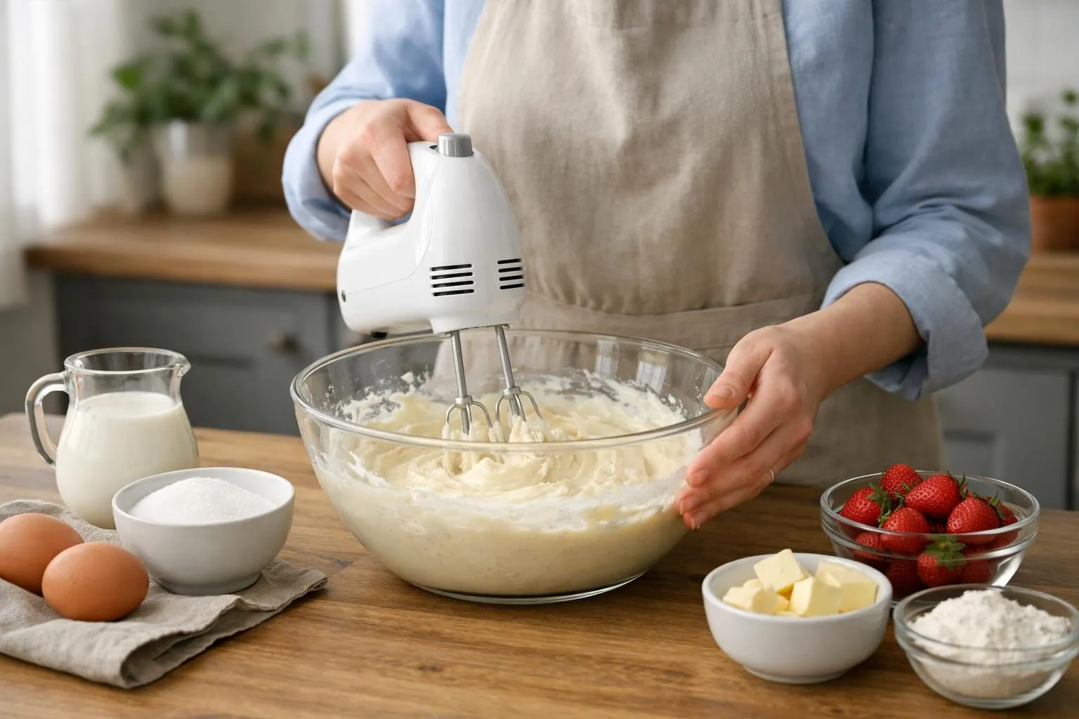 Préparation de pâte à gâteau avec mélangeur électrique, ingrédients sur la table.
