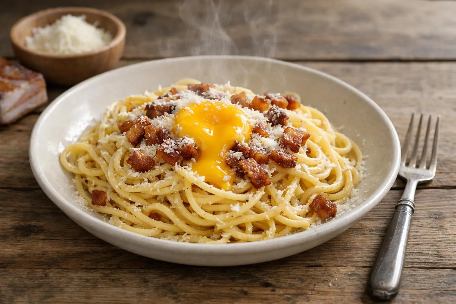 Spaghetti carbonara avec un œuf au plat et du parmesan râpé.