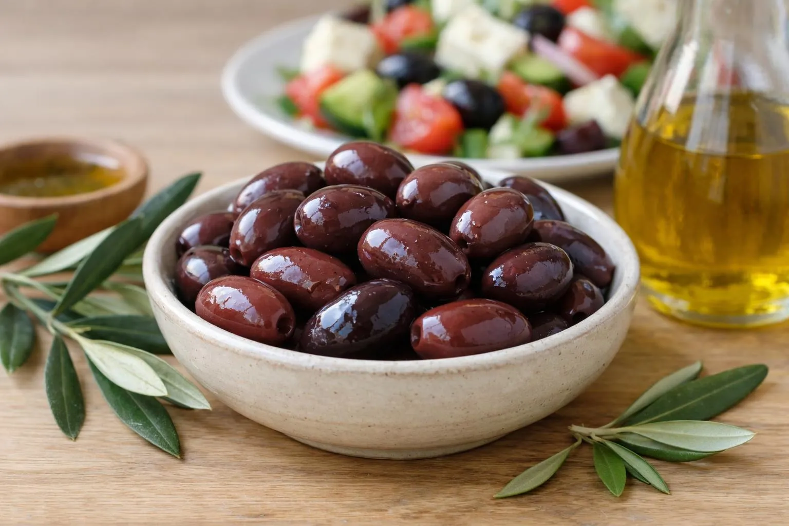 Bol de délicieuses olives noires luisantes entouré de feuilles vertes.