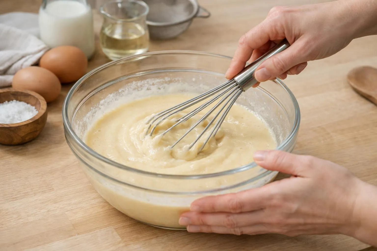Mélange de pâte à gâteau dans un bol en verre avec un fouet.