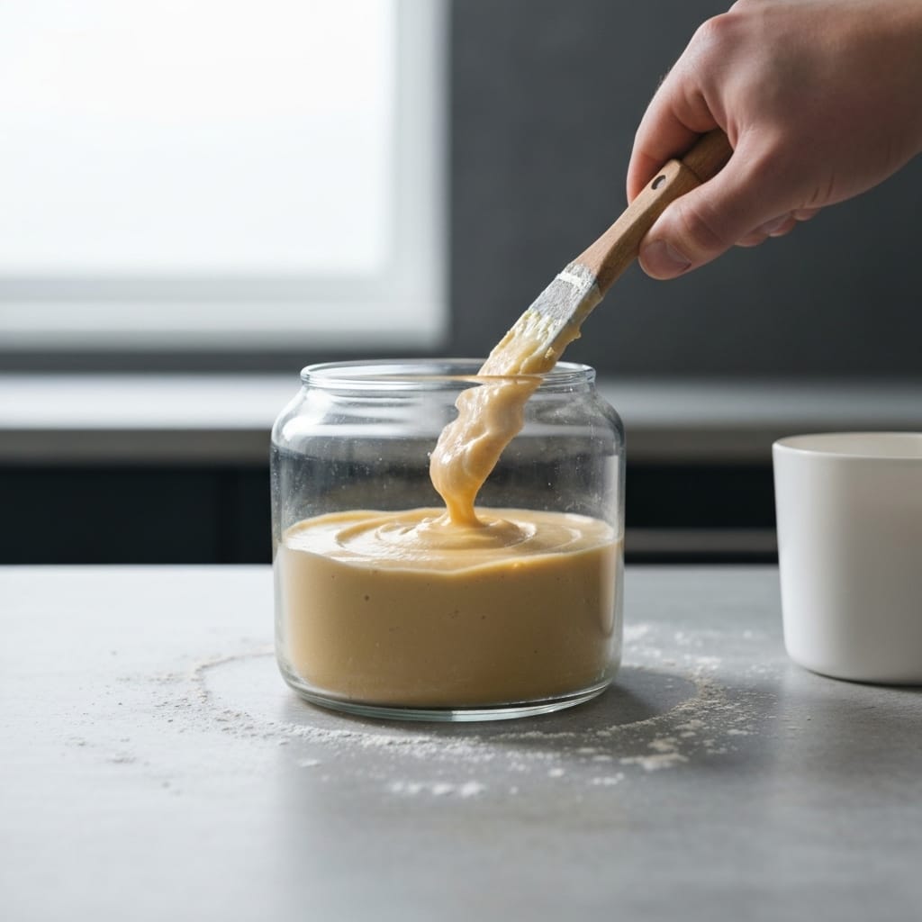 Un fouet incorporant des oeufs battus dans un mélange crémeux de beurre et de sucre dans un bol en verre, montrant la texture lisse de l'émulsion pour la préparation de pâte à biscuits.