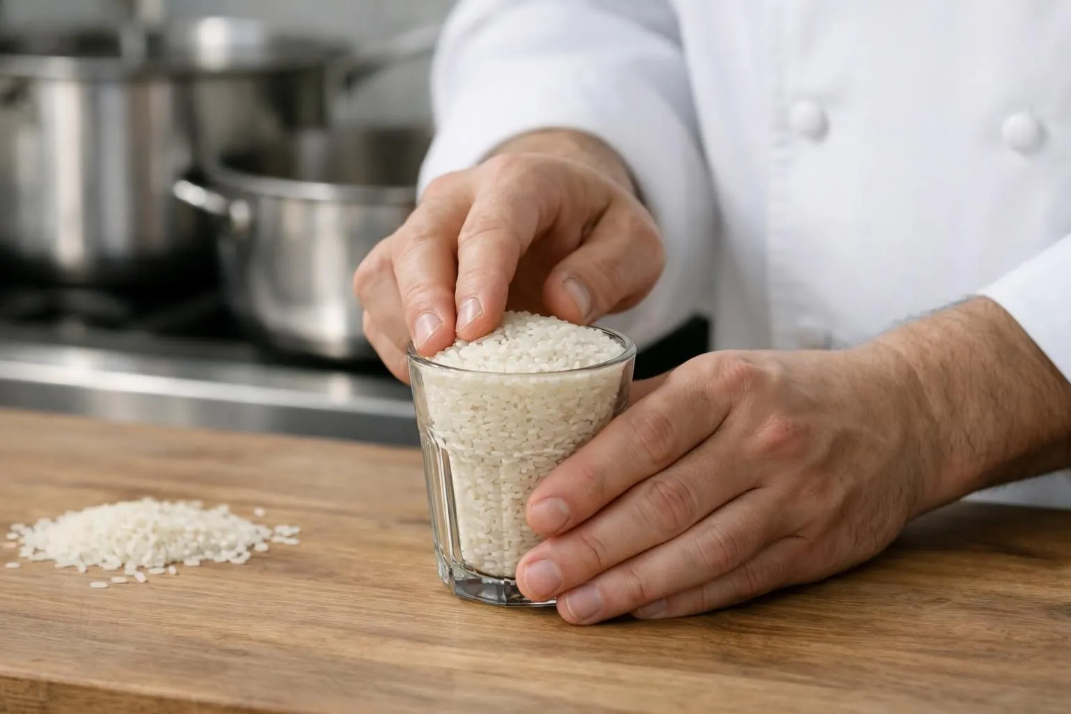 Combien de riz par personne selon le type de plat ? Mains de chef en cuisine professionnelle utilisant un verre à moutarde pour mesurer du riz blanc sur plan de travail en bois. Environnement lumineux avec casseroles en inox en arrière-plan flouté, grains de riz visibles débordant légèrement du verre. Lumière naturelle douce venant de la gauche, ambiance professionnelle mais accessible. Cadrage rapproché à 45 degrés mettant en valeur le geste précis de mesure, tons chaleureux (bois clair, blanc du riz, acier). Style réaliste, photo culinaire moderne, atmosphère de transmission de savoir-faire entre cuisiniers.