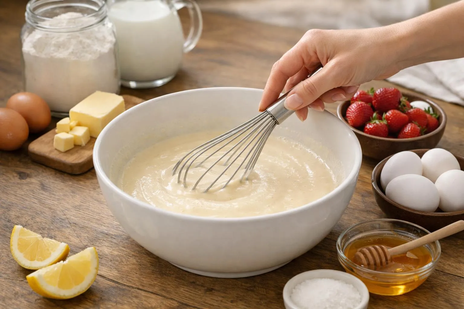 Gros plan sur un saladier en céramique blanche posé sur un plan de travail en bois clair. Une main féminine tient un fouet manuel en inox et effectue un mouvement circulaire dans une pâte à crêpes lisse et crémeuse, de couleur jaune pâle. Le fouet est incliné à 45°, créant une spirale visible dans la préparation. À côté du bol, un verre mesureur contenant du lait, un œuf cassé et un petit tas de farine T45. Lumière naturelle provenant d'une fenêtre latérale, ambiance cuisine maison conviviale. Cadrage serré à 45° mettant l'accent sur le geste technique du fouettage.